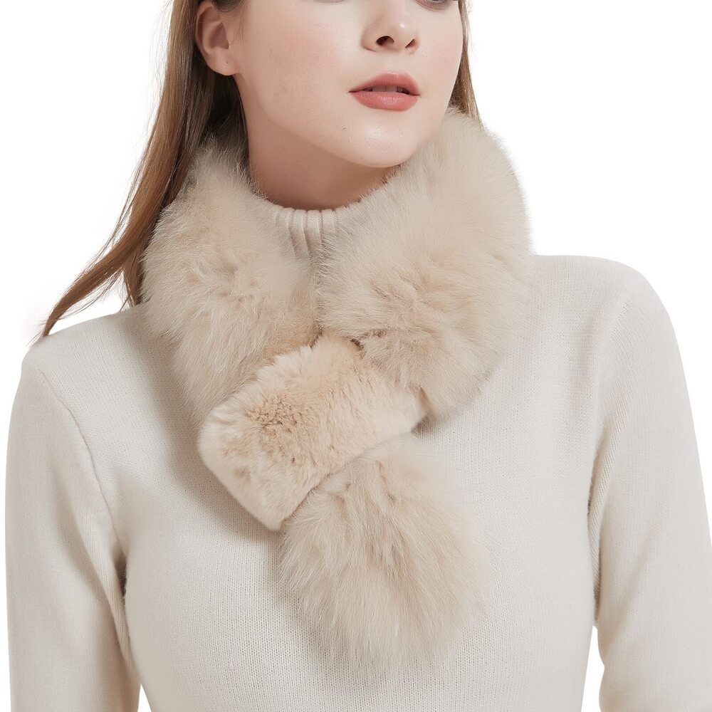 1161 Bibury Khaki Real Fox Fur Scarf With Rex Rabbit Trim